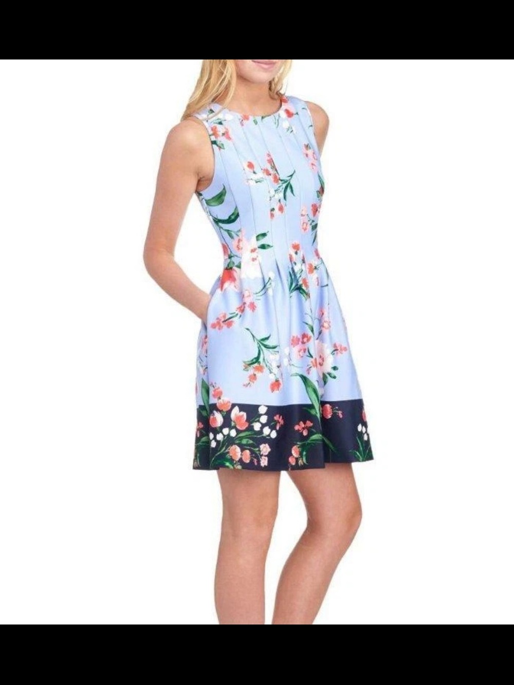 Vince Camuto Light Blue Floral Sleeveless Mini Dress with Navy Hem - Picture 2 of 5